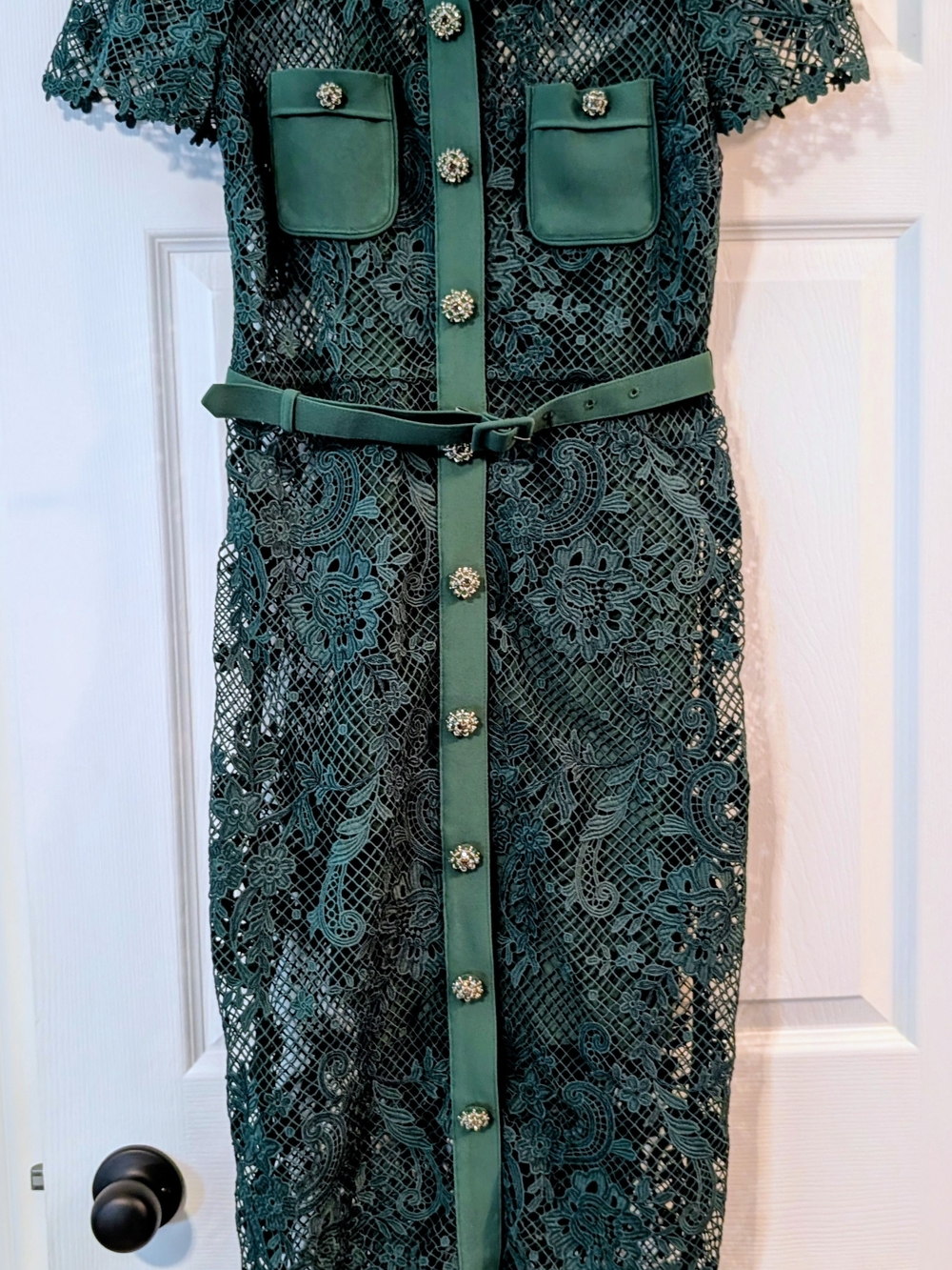 Self-Portrait Emerald Green Lace Midi Dress with Belt